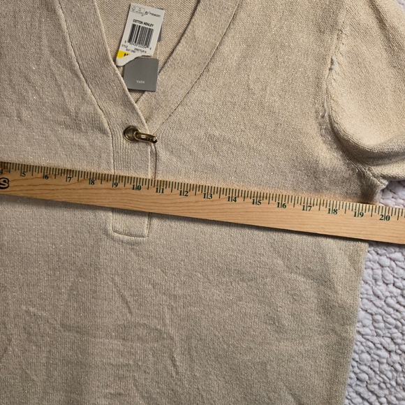 Charter Club Womens M Beige Metalic Thread Sparkle Cotton Henley Sweater Buckle - Picture 7 of 9